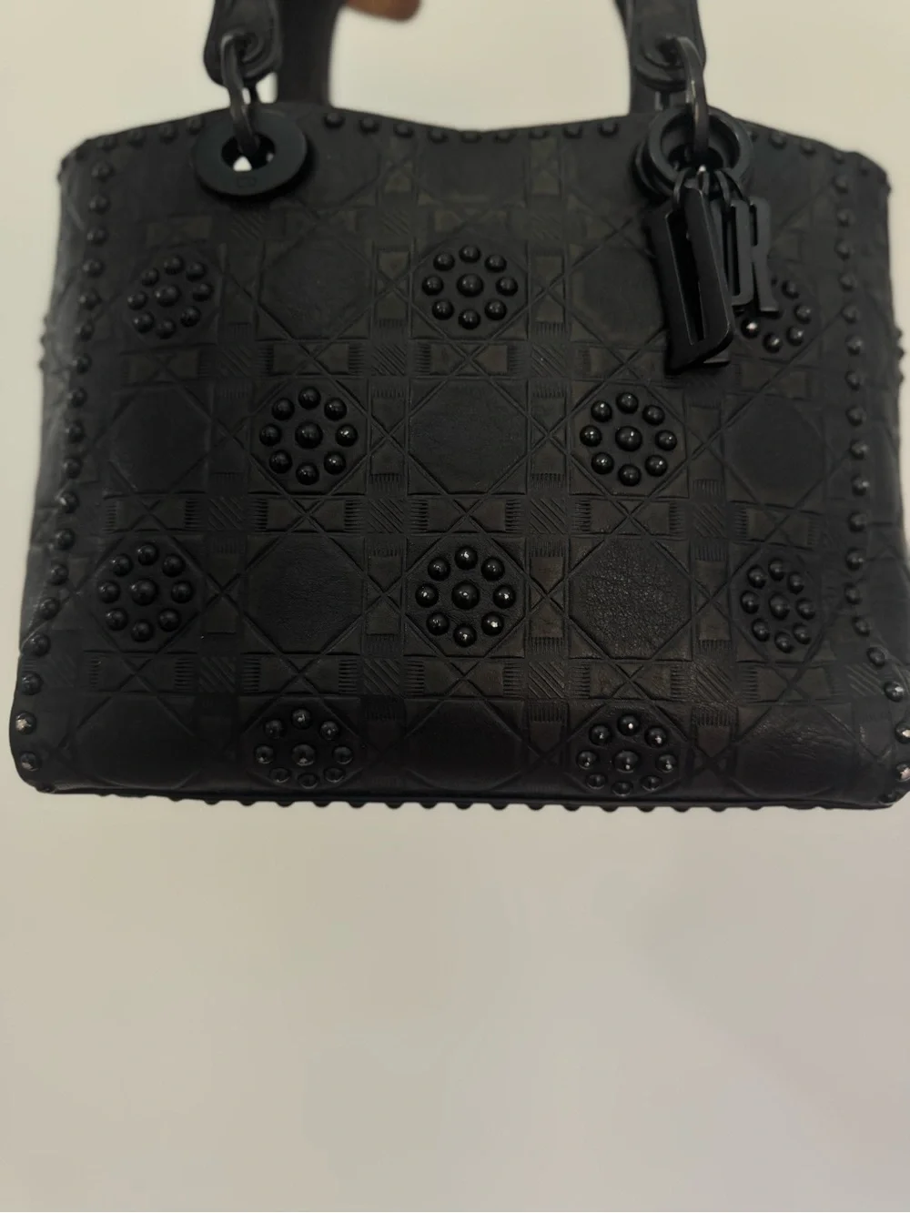 Authentic Dior Lady Dior Medium Matte Black Studded 2 way Bag 2018
